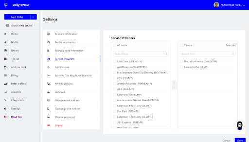 delyva dashboard
